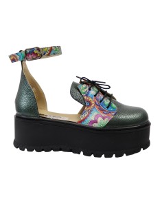 Sandale cu Calcai Inchis Verzi cu Imprimeu Multicolor, Platforma, Catarama si Siret Amanda, Piele Intoarsa