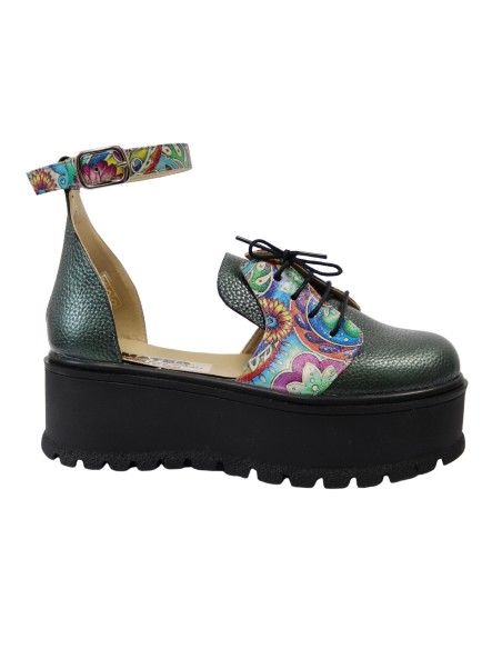 Sandale cu Calcai Inchis Verzi cu Imprimeu Multicolor, Platforma, Catarama si Siret Amanda, Piele Intoarsa