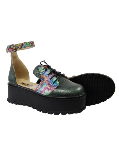 Sandale cu Calcai Inchis Verzi cu Imprimeu Multicolor, Platforma, Catarama si Siret Amanda, Piele Intoarsa 2