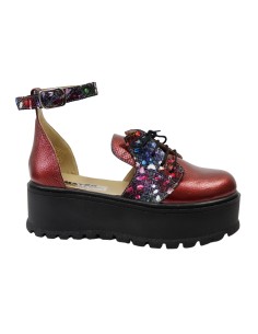 Sandale Inchise in Fata Fara Toc Rosii cu Imprimeu Multicolor, Platforma, Catarama si Siret Amanda, Piele Intoarsa