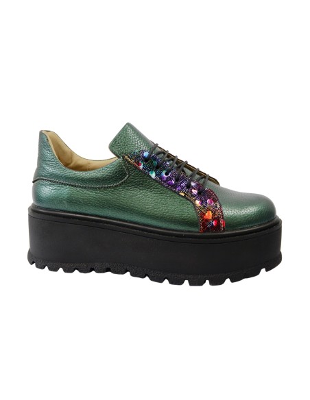 Pantofi Casual Dama cu Talpa Groasa Verzi cu Imprimeu Platforma si Siret, Piele Naturala Amanda