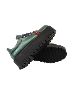 Pantofi Casual Dama cu Talpa Groasa Verzi cu Imprimeu Platforma si Siret, Piele Naturala Amanda 2