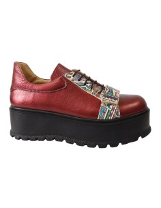 Pantofi Dama Rosii cu Talpa Groasa Amanda si Bareta, Piele Naturala, Imprimeu Colorat