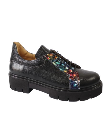 Pantofi Negrii Dama cu Talpa Inalta Diana, cu Siret si Imprimeu Colorat, din Piele Naturala