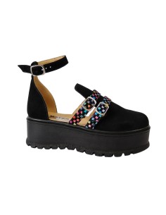 Sandale Femei, cu Platforma Amanda si Catarame, Piele Intoarsa Neagra si Imprimeu Colorat