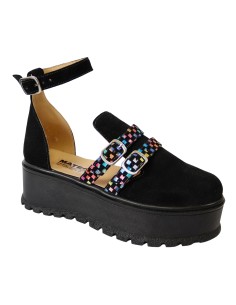 Sandale Femei, cu Platforma Amanda si Catarame, Piele Intoarsa Neagra si Imprimeu Colorat 2