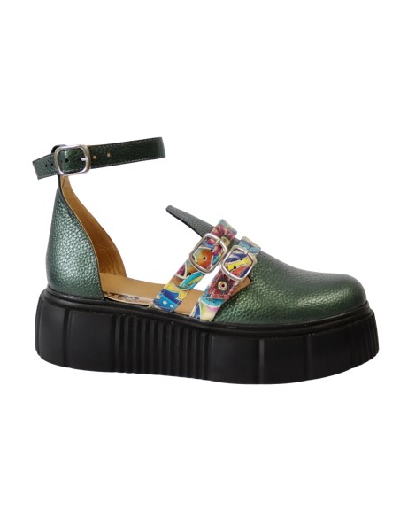 Sandale Dama cu Varf Inchis, Verzi cu Imprimeu Colorat, cu Platforma Giulia si Catarame, Piele Naturala