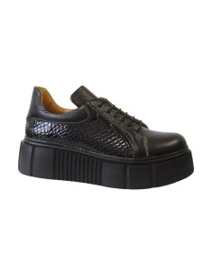 Pantofi Casual Negri de Femei, din Piele Naturala Bizonata, cu Talpa Inalta si Siret Giulia - Încălțăminte Românească