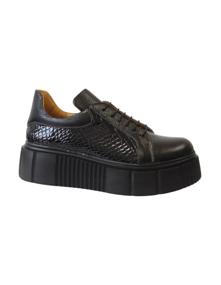 Pantofi Casual Negri de Femei, din Piele Naturala Bizonata, cu Talpa Inalta si Siret Giulia - Încălțăminte Românească