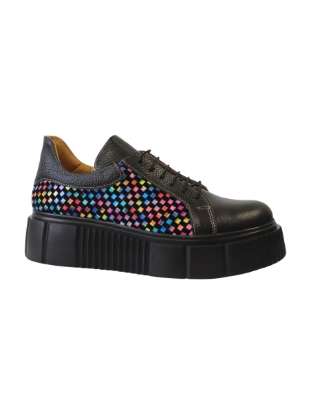 Pantofi Dama Casual Negri din Piele Naturala, cu Siret si Talpa Inalta Giulia, Imprimeu Colorat - Încălțăminte Românească