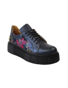 Pantofi Femei cu Talpa Inalta Giulia, Albastri Bizonati, cu Imprimeu Floral si Siret, Piele Naturala - Încălțăminte Românească 2
