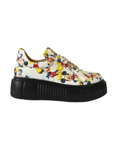 Pantofi cu Talpa Inalta Giulia din Piele Naturala, cu Siret si Imprimeu Mickey Mouse