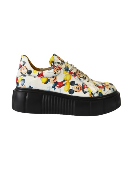 Pantofi cu Talpa Inalta Giulia din Piele Naturala, cu Siret si Imprimeu Mickey Mouse