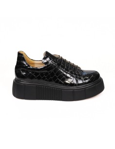 Pantofi Femei Negri Croco Lac cu Siret si Platforma Giulia, din Piele Naturala