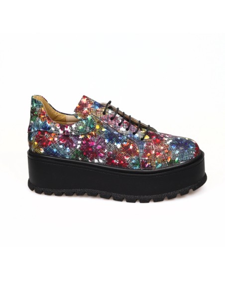 Pantofi Multicolori Dama din Piele Naturala, cu Siret si Talpa Inalta Amanda