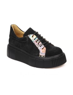 Pantofi cu Talpa Inalta Giulia, Femei, din Piele Naturala Neagra Velur si Imprimeu Colorat