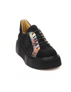 Pantofi cu Talpa Inalta Giulia, Femei, din Piele Naturala Neagra Velur si Imprimeu Colorat 2