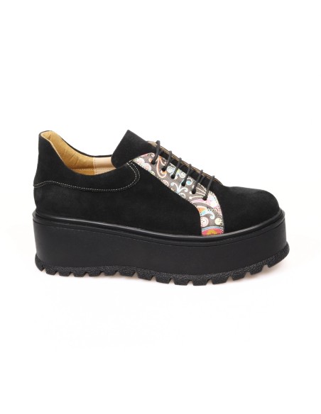 Pantofi Femei cu Platforma  Giulia, din Piele Naturala Neagra Velur si Imprimeu Colorat