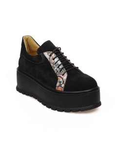 Pantofi Femei cu Platforma  Giulia, din Piele Naturala Neagra Velur si Imprimeu Colorat 2