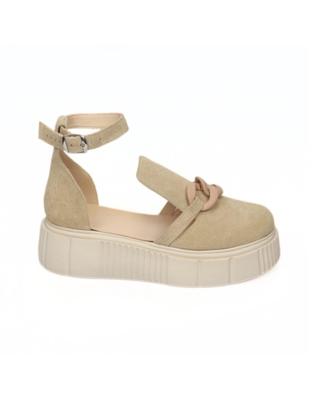 Sandale Dama cu Varf Inchis si Platforma Giulia, din Piele Naturala Intoarsa cu Accesoriu, Nude - Încălțăminte Românească