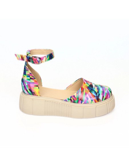 Sandale Multicolor cu Talpa Inalta Giulia si Varf Inchis pentru Femei, din Piele Naturala - Încălțăminte Românească