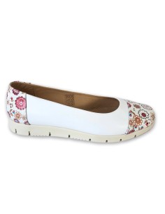Balerini dama albi cu talpa joasa si imprimeu floral piele naturala