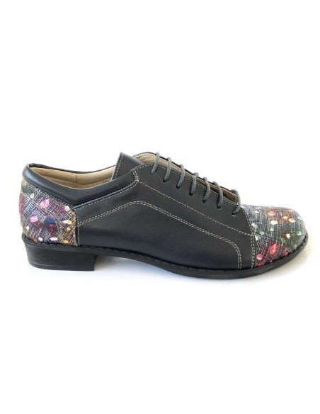 Pantofi dama albastri lati casual cu siret din piele naturala cu imprimeu colorat