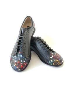 Pantofi dama albastri lati casual cu siret din piele naturala cu imprimeu colorat 2