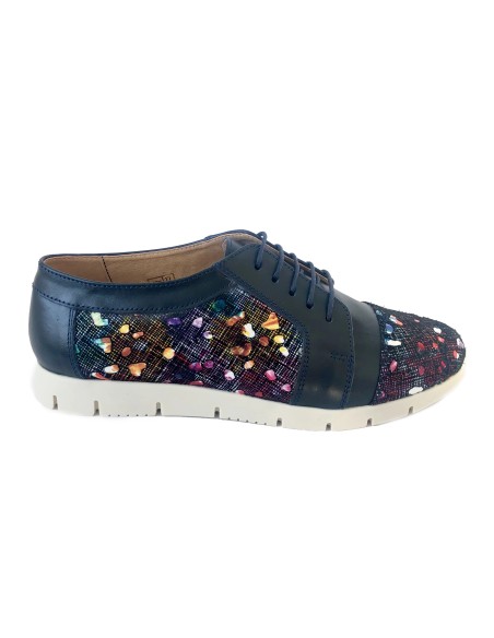Pantofi dama sport casual cu siret, albastri cu imprimeu colorat din piele naturala