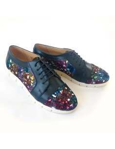 Pantofi dama sport casual cu siret, albastri cu imprimeu colorat din piele naturala 2