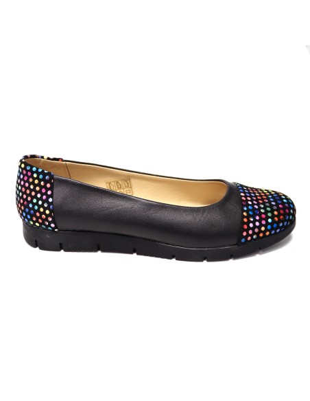 Balerini negri din piele naturala cu imprimeu multicolor