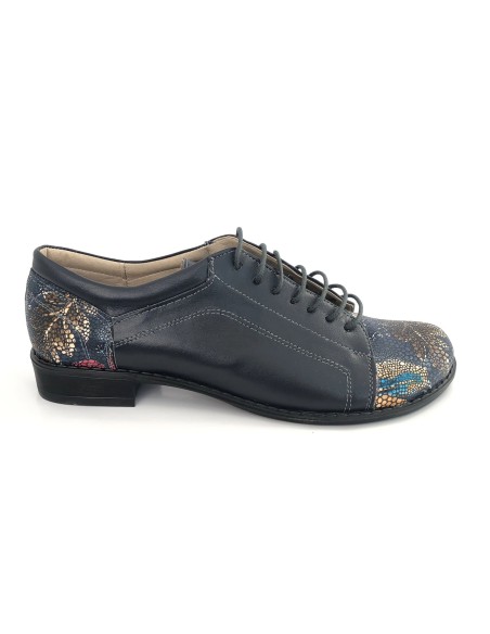 Pantofi dama albastri casual cu siret din piele naturala cu imprimeu floral