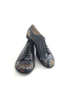 Pantofi dama albastri casual cu siret din piele naturala cu imprimeu floral 2
