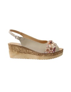 Sandale cu platforma bej cu floricele Amore50, Piele Naturala