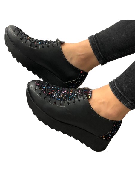 Pantofi dama sport cu siret negri cu imprimeu multicolor