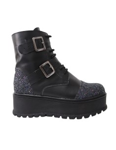 Bocanci Femei Negri cu Glitter cu Platforma, Siret si Fermoar Amanda, Piele Naturala