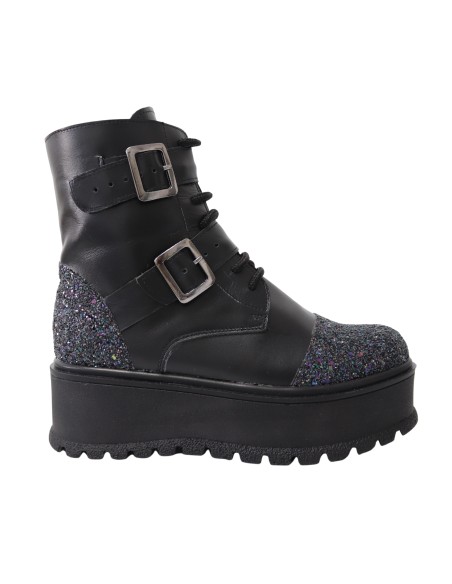 Bocanci Femei Negri cu Glitter cu Platforma, Siret si Fermoar Amanda, Piele Naturala