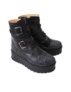 Bocanci Femei Negri cu Glitter cu Platforma, Siret si Fermoar Amanda, Piele Naturala 2