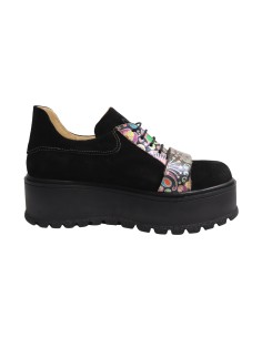 Pantofi cu Platforma Negri cu Imprimeu Multicolor si Siret din Piele Naturala Amanda, Fabricati in Romania 2
