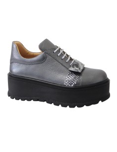Pantofi Femei Gri cu Imprimeu Gri, Platforma si Siret, Piele Naturala Amanda - Încălțăminte Românească