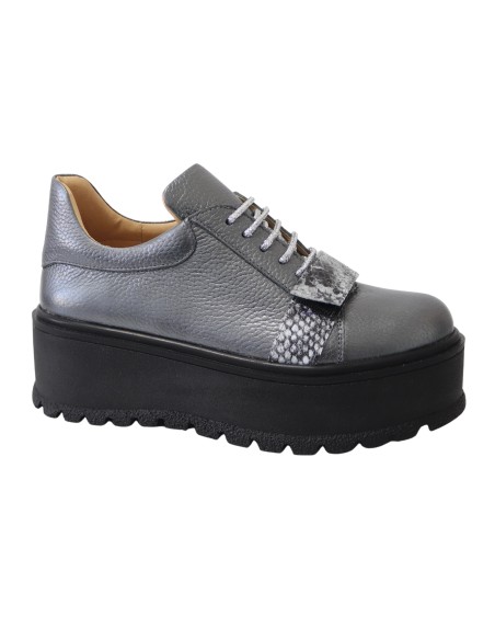 Pantofi Femei Gri cu Imprimeu Gri, Platforma si Siret, Piele Naturala Amanda - Încălțăminte Românească