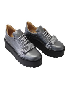 Pantofi Femei Gri cu Imprimeu Gri, Platforma si Siret, Piele Naturala Amanda - Încălțăminte Românească 2