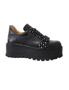 Pantofi Femei Negri cu Imprimeu cu Buline, Platforma si Siret, Piele Naturala Amanda - Încălțăminte Românească