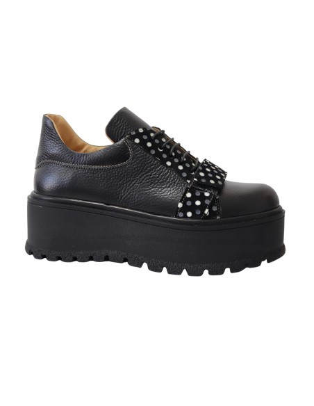 Pantofi Femei Negri cu Imprimeu cu Buline, Platforma si Siret, Piele Naturala Amanda - Încălțăminte Românească