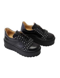 Pantofi Femei Negri cu Imprimeu cu Buline, Platforma si Siret, Piele Naturala Amanda - Încălțăminte Românească 2