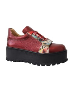Pantofi Dama Rosii cu Imprimeu Multicolor, Platforma si Siret, Piele Naturala Amanda - Încălțăminte Românească