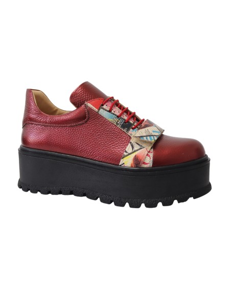 Pantofi Dama Rosii cu Imprimeu Multicolor, Platforma si Siret, Piele Naturala Amanda - Încălțăminte Românească
