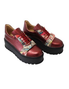 Pantofi Dama Rosii cu Imprimeu Multicolor, Platforma si Siret, Piele Naturala Amanda - Încălțăminte Românească 2