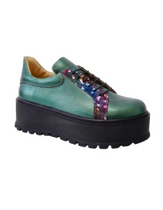 Pantofi Dama Verzi cu Imprimeu Multicolor, Platforma si Siret, Piele Naturala Amanda - Încălțăminte Românească