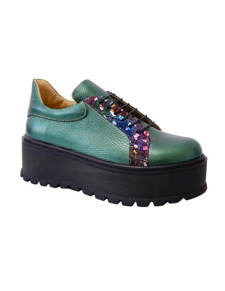 Pantofi Dama Verzi cu Imprimeu Multicolor, Platforma si Siret, Piele Naturala Amanda - Încălțăminte Românească